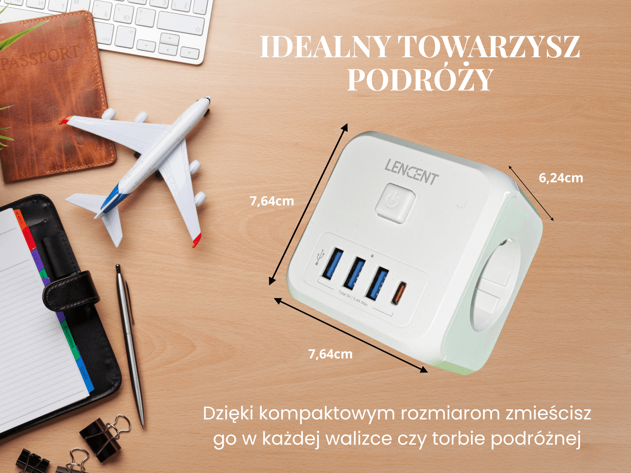 Inteligentny Adapter Gniazdkowy LENCENT – Szybka Ładowarka do Laptopa i Telefonu 7w1