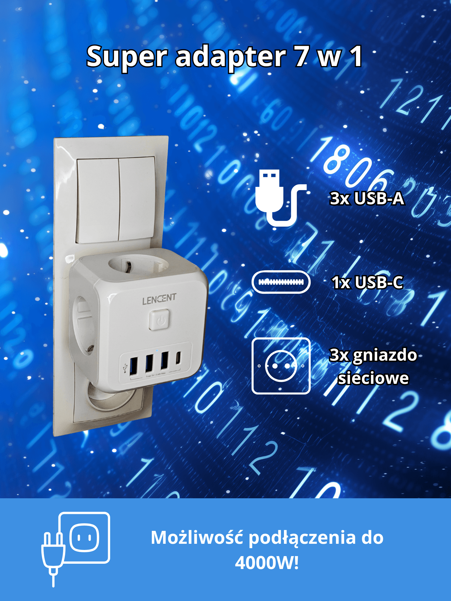 Inteligentny Adapter Gniazdkowy LENCENT – Szybka Ładowarka do Laptopa i Telefonu 7w1